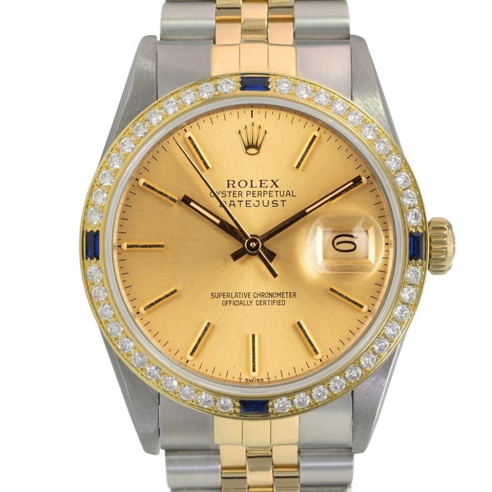 ROLEX DATEJUST CHAMPAGNE INDEX DIAL DIAMOND-SAPPHIRE JUBILEE TWOTONE WATCH 16233